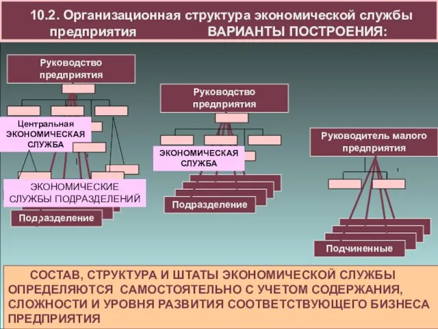 10.2. Организационная структура экономической службы предприятия ВАРИАНТЫ ПОСТРОЕНИЯ: СОСТАВ, СТРУКТУРА И