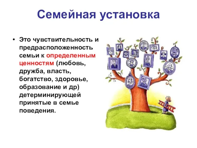 Семейная установка Это чувствительность и предрасположенность семьи к определенным ценностям (любовь,