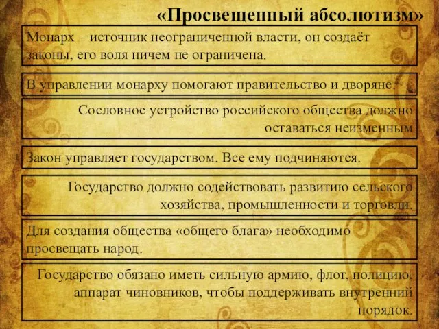 Монарх – источник неограниченной власти, он создаёт законы, его воля ничем