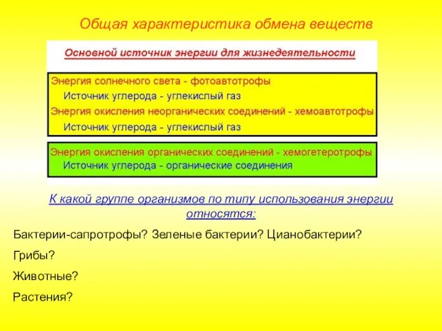 Общая характеристика обмена веществ К какой группе организмов по типу использования