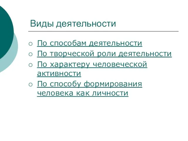 Виды деятельности По способам деятельности По творческой роли деятельности По характеру