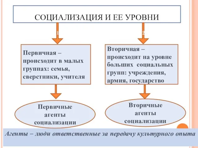 СОЦИАЛИЗАЦИЯ И ЕЕ УРОВНИ 1 2 Первичная – происходит в малых