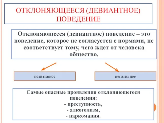 ОТКЛОНЯЮЩЕЕСЯ (ДЕВИАНТНОЕ) ПОВЕДЕНИЕ Отклоняющееся (девиантное) поведение – это поведение, которое не