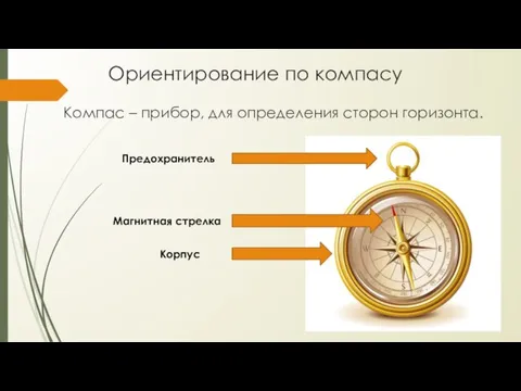 Ориентирование по компасу Компас – прибор, для определения сторон горизонта. Предохранитель Магнитная стрелка Корпус