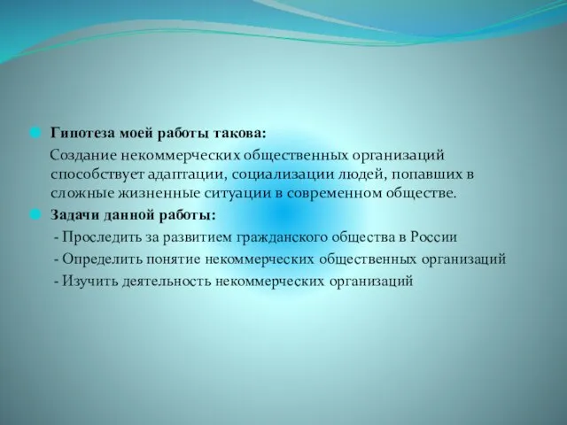 Гипотеза моей работы такова: Создание некоммерческих общественных организаций способствует адаптации, социализации