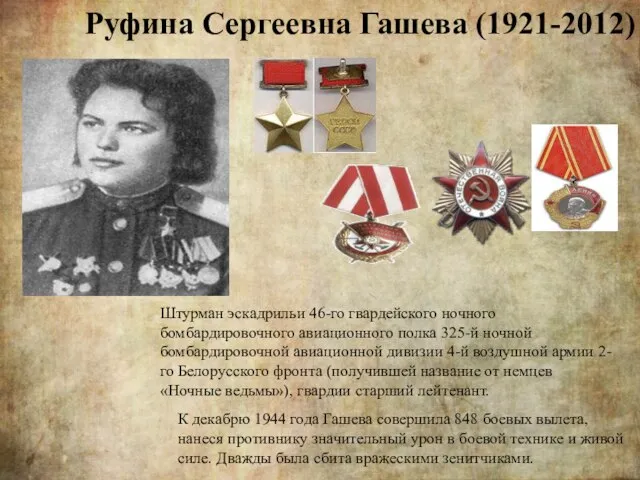 Руфина Сергеевна Гашева (1921-2012) Штурман эскадрильи 46-го гвардейского ночного бомбардировочного авиационного