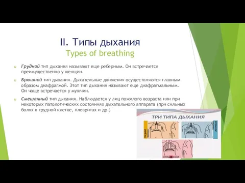 II. Типы дыхания Types of breathing Грудной тип дыхания называют еще