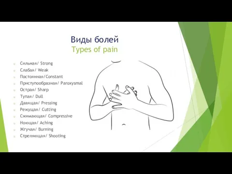 Виды болей Types of pain Сильная/ Strong Слабая/ Weak Постоянная/Constant Приступообразная/