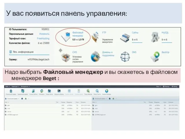 У вас появиться панель управления: Надо выбрать Файловый менеджер и вы