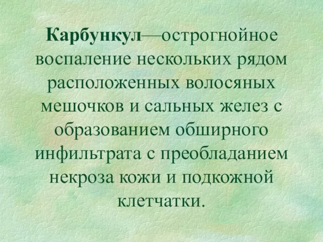 Карбункул—острогнойное воспаление нескольких рядом расположенных волосяных мешочков и сальных желез с