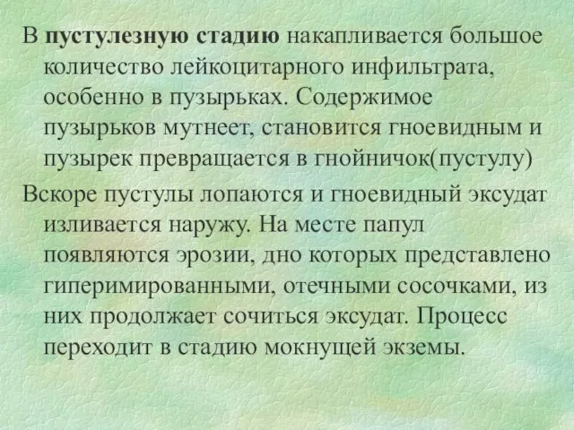 В пустулезную стадию накапливается большое количество лейкоцитарного инфильтрата, особенно в пузырьках.