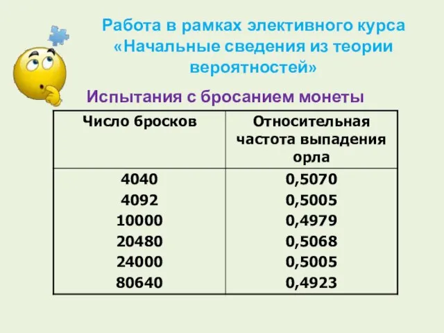 Испытания с бросанием монеты Работа в рамках элективного курса «Начальные сведения из теории вероятностей»