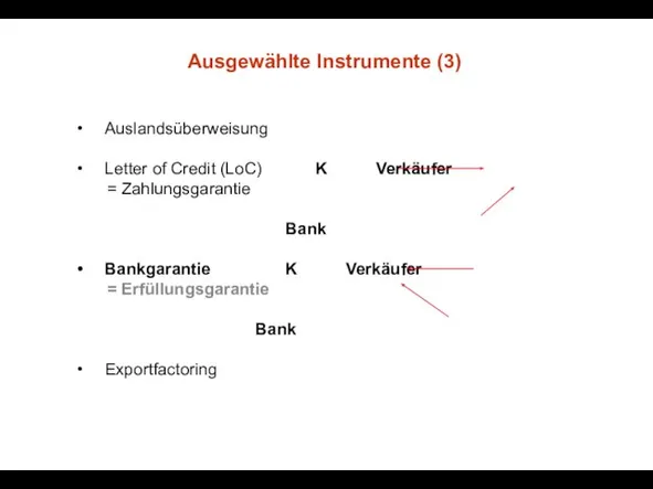 Ausgewählte Instrumente (3) Auslandsüberweisung Letter of Credit (LoC) K Verkäufer =