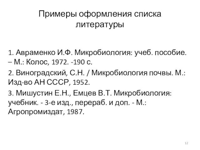 Примеры оформления списка литературы 1. Авраменко И.Ф. Микробиология: учеб. пособие. –