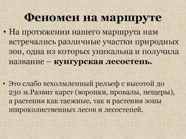 Феномен на маршруте На протяжении нашего маршрута нам встречались различные участки