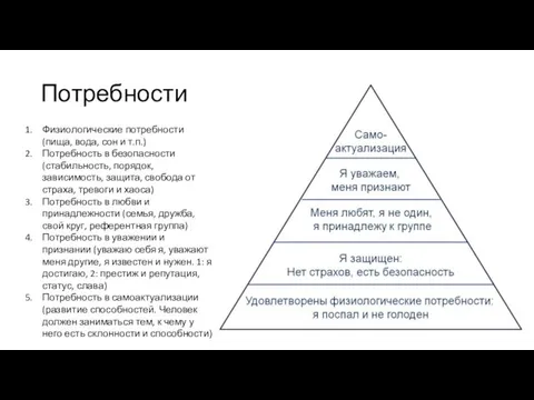 Потребности Физиологические потребности (пища, вода, сон и т.п.) Потребность в безопасности