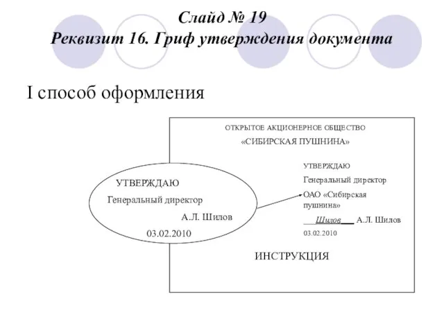 Слайд № 19 Реквизит 16. Гриф утверждения документа I способ оформления