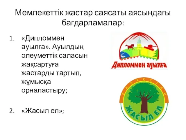 Мемлекеттік жастар саясаты аясындағы бағдарламалар: «Дипломмен ауылға». Ауылдың әлеуметтік саласын жақсартуға