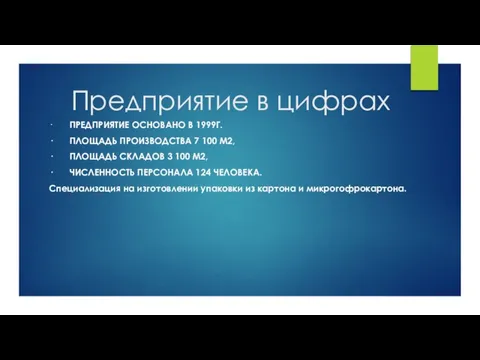 Предприятие в цифрах · ПРЕДПРИЯТИЕ ОСНОВАНО В 1999Г. · ПЛОЩАДЬ ПРОИЗВОДСТВА