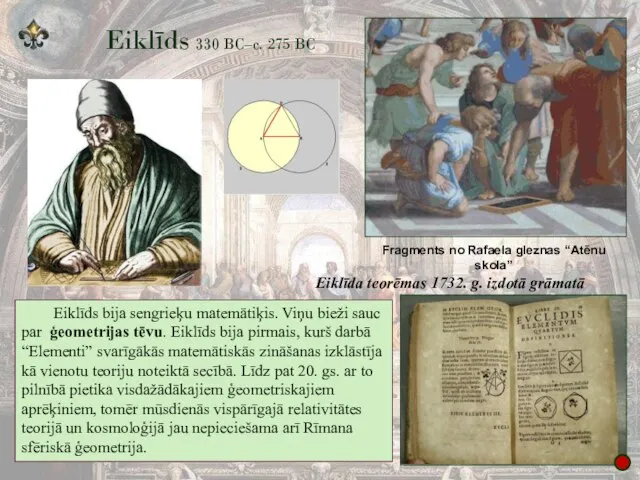 Eiklīds 330 BC–c. 275 BC Eiklīds bija sengrieķu matemātiķis. Viņu bieži