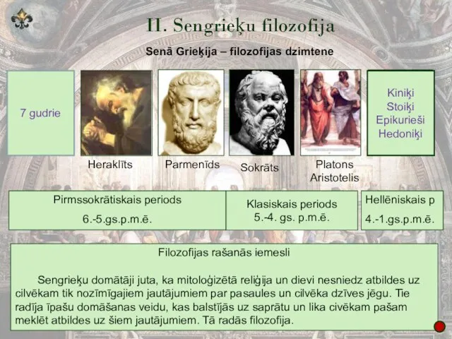 II. Sengrieķu filozofija Pirmssokrātiskais periods 6.-5.gs.p.m.ē. Klasiskais periods 5.-4. gs. p.m.ē.