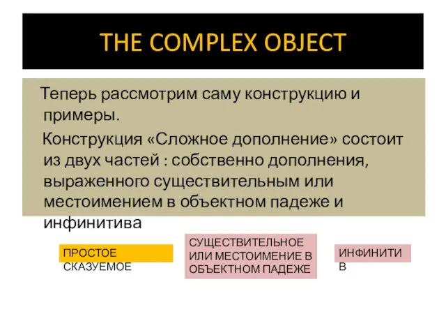 THE COMPLEX OBJECT Теперь рассмотрим саму конструкцию и примеры. Конструкция «Сложное