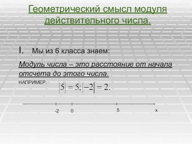 Геометрический смысл модуля действительного числа. I. Мы из 6 класса знаем: