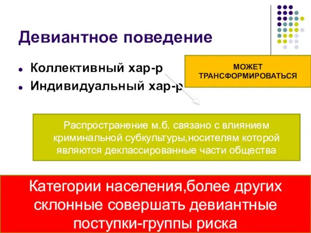 Девиантное поведение Коллективный хар-р Индивидуальный хар-р МОЖЕТ ТРАНСФОРМИРОВАТЬСЯ Распространение м.б. связано