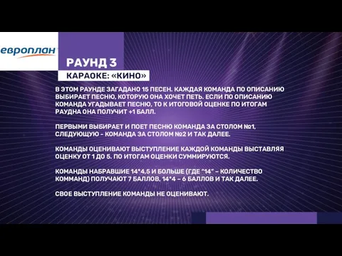 В ЭТОМ РАУНДЕ ЗАГАДАНО 15 ПЕСЕН. КАЖДАЯ КОМАНДА ПО ОПИСАНИЮ ВЫБИРАЕТ