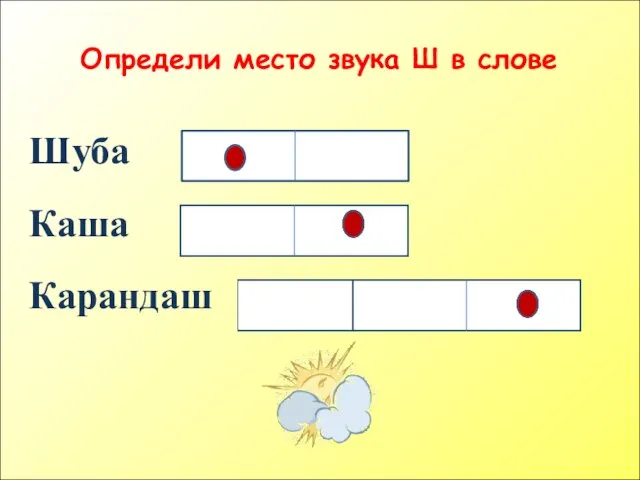 Определи место звука Ш в слове Шуба Каша Карандаш