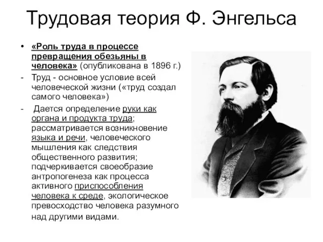 Трудовая теория Ф. Энгельса «Роль труда в процессе превращения обезьяны в