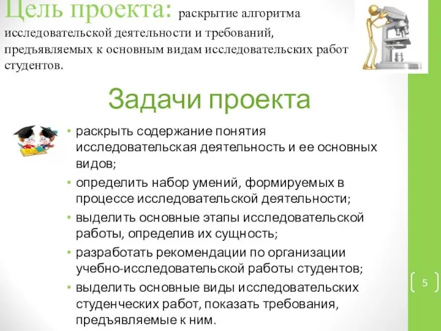 Цель проекта: раскрытие алгоритма исследовательской деятельности и требований, предъявляемых к основным