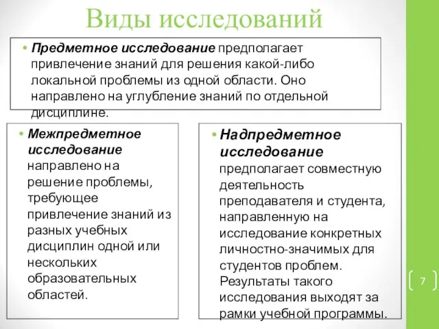 Виды исследований Предметное исследование предполагает привлечение знаний для решения какой-либо локальной