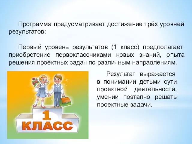 Программа предусматривает достижение трёх уровней результатов: Первый уровень результатов (1 класс)