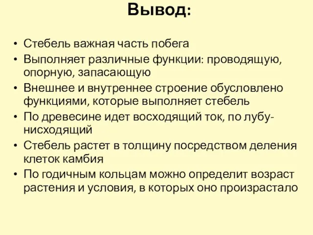 Вывод: Стебель важная часть побега Выполняет различные функции: проводящую, опорную, запасающую