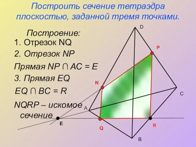 Построить сечение тетраэдра плоскостью, заданной тремя точками. Построение: А С В