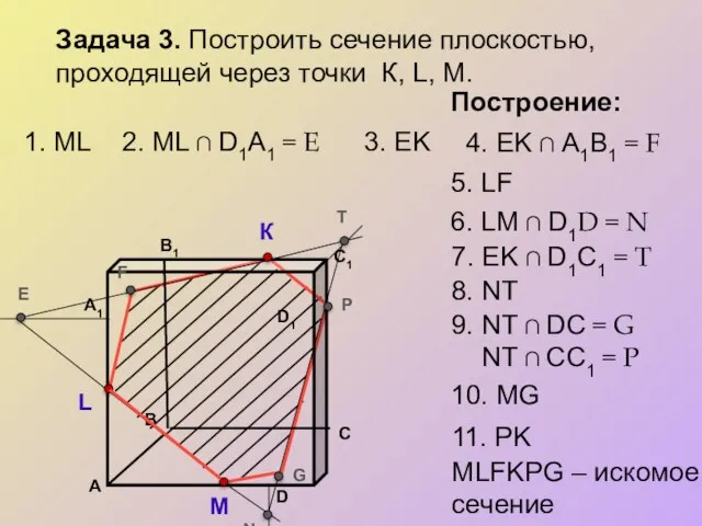 Задача 3. Построить сечение плоскостью, проходящей через точки К, L, М.