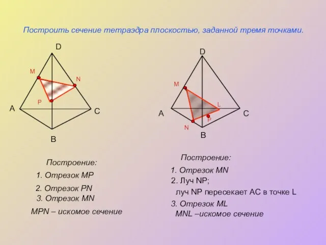 P N Построить сечение тетраэдра плоскостью, заданной тремя точками. Построение: А