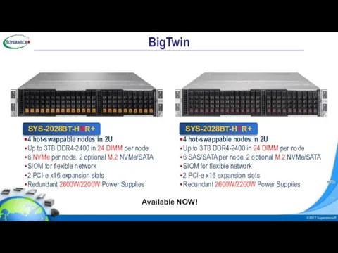 4 hot-swappable nodes in 2U Up to 3TB DDR4-2400 in 24
