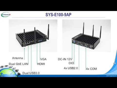 SYS-E100-9AP Antenna Dual GbE LAN Dual USB3.0 HDMI VGA DC-IN 12V DIO 4x USB2.0 4x COM