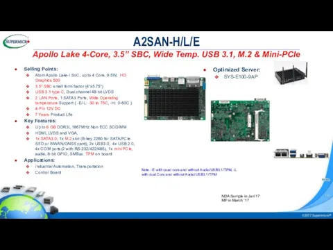 A2SAN-H/L/E Apollo Lake 4-Core, 3.5” SBC, Wide Temp. USB 3.1, M.2