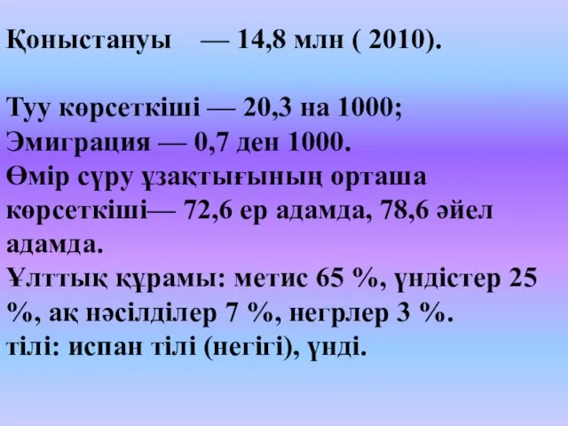 Қоныстануы — 14,8 млн ( 2010). Туу көрсеткіші — 20,3 на