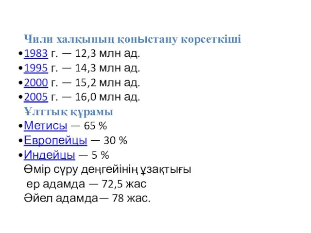 Чили халқының қоныстану көрсеткіші 1983 г. — 12,3 млн ад. 1995