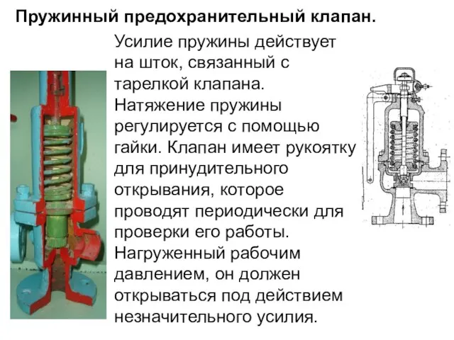 Усилие пружины действует на шток, связанный с тарелкой клапана. Натяжение пружины