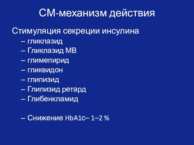 СМ-механизм действия Стимуляция секреции инсулина гликлазид Гликлазид МВ глимепирид гликвидон глипизид