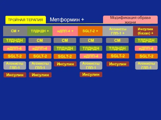 ТРОЙНАЯ ТЕРАПИЯ Метформин + Модификация образа жизни ТЛДНДН иДПП-4 СМ Инсулин