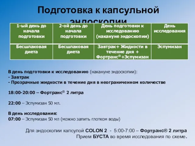 Подготовка к капсульной эндоскопии В день подготовки к исследованию (накануне эндоскопии):