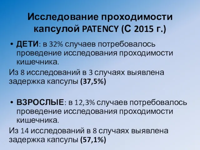 Исследование проходимости капсулой PATENCY (С 2015 г.) ДЕТИ: в 32% случаев