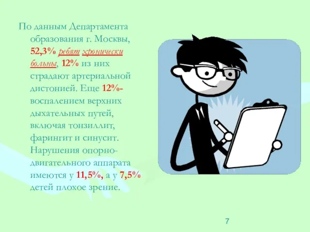 По данным Департамента образования г. Москвы, 52,3% ребят хронически больны, 12%