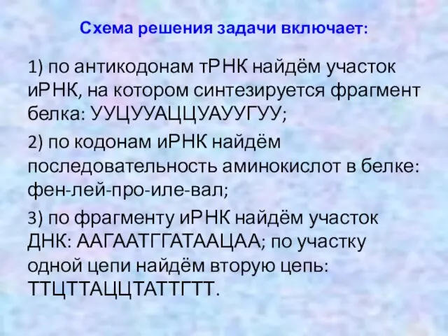 Схема решения задачи включает: 1) по антикодонам тРНК найдём участок иРНК,